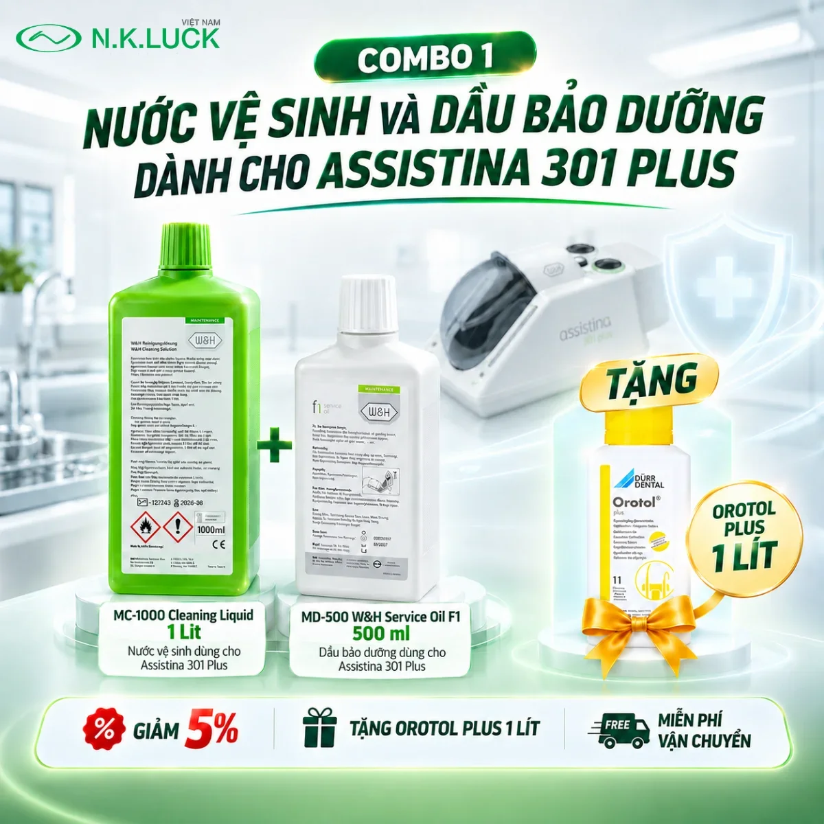 Ưu đãi combo vệ sinh và bảo dưỡng Assistina giảm 5%, tặng Orotol Plus 1 lít